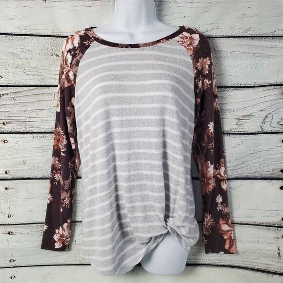 Maurices 24/7 Women's Top Small Striped Floral Raglan Sleeve Soft Stretch Knit S - Picture 1 of 6